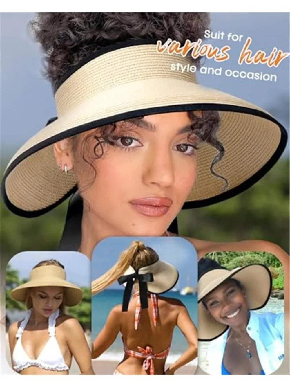 Sun Visors for Women Wide Brim Beach Hat Foldable Straw Visor Hat Ponytail
